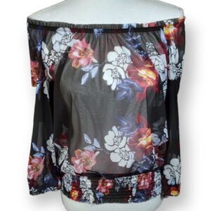 I.N.C BLACK SHEER FLORAL OFF-THE-SHOULDER BLOUSE SZ.S EUC
